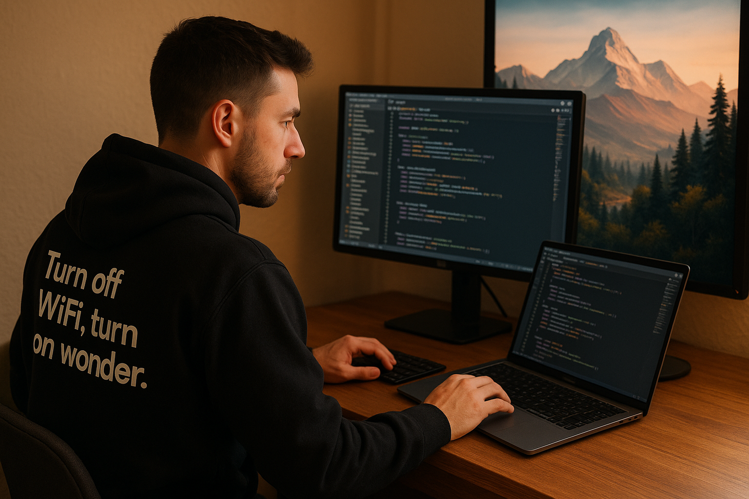 A man in a black hoodie, seated at his computer, immersed in coding. The screen displays an open code editor filled with lines of code.in his laptop/desktop, a scenic wallpaper of mountains and trees sets a calming, nature-inspired wallpaper which shows his real interests. The hoodie isn't worn over his head, keeping the look casual. A quote is printed on the hoodie: 'Turn off WiFi, turn on wonder.